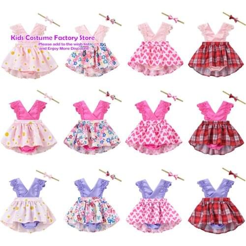 Summer Baby Clothing New Childrens Girl Dress Sleeveless Heart Print V-Neck Lace Short Dress Casual Skirt And Hairband
