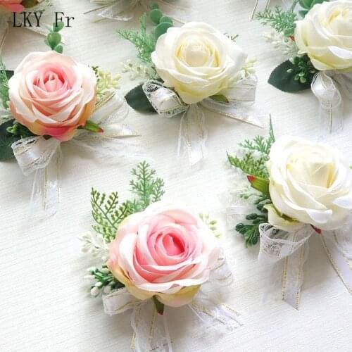 LKY Fr Boutonniere Wedding Corsage Bracelet Bridesmaids White Groom Boutonniere Flowers Wedding Corsages and Boutonnieres Brooch