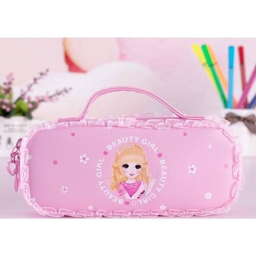 Fashion Large-capacity Pencil Case Pink PU Leather Pencil Box Cute Lace Pen Bags Girl Cartoon School Stationery Storage D50