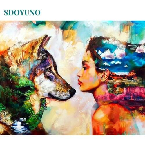 SDOYUNO 60x75cm DIY Oil Painting By Numbers Wolf and Women Paint By Numbers On Canvas Abstract Figure Frameless Home Decor