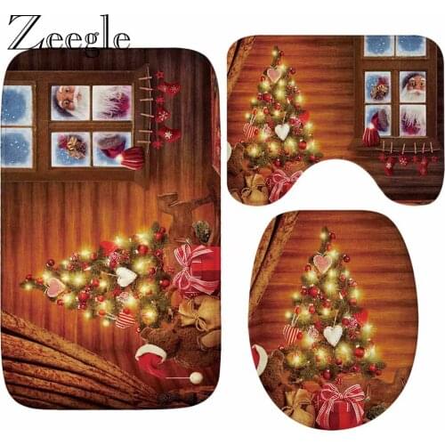 Zeegle Christmas Printed Bathroom Carpet Set Flannel Washable Shower Carpet Decor Toilet Seat Tank Cover Rug Soft Foot Rug