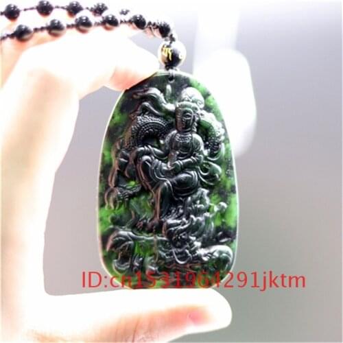 Obsidian Gifts Hand-Carved Necklace Pendant Chinese Jade Green Charm Amulet Dragon Natural Guanyin Men for Black Jewelry