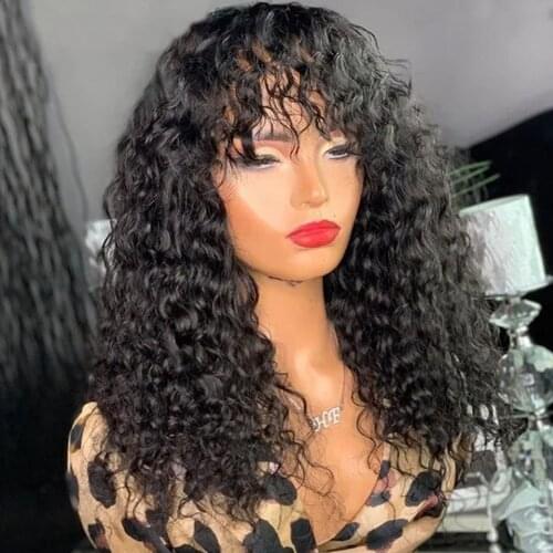 Hairmoda 150% Density Mongolian Water Wave Wigs With Bangs Remy Full Machine Natural Color Human Hair Wigs For Black Women