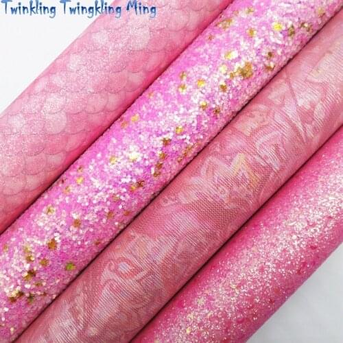 Pink Glitter with Butterfly, Mermaid Flowers Printed Glitter Fabric Faux Fabric Sheet For Bow 21x29CM Twinkling Ming KM388