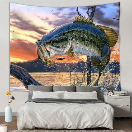 Fishing Tapestry Bass Fish with Hook Out of Ocean at Sunrise Tapestry Wall Hanging for Bedroom Living Room Home Art Decor