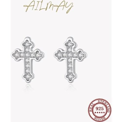 Ailmay Authentic 925 Sterling Silver Simple Shiny Zircon Mini Cute Cross Stud Earring for Women Fashion Ear Pin Fine Jewelry