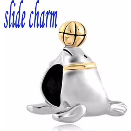 Slide charm Free shipping gift and children living marine dolphin ball juggling gilded charm beads fit Pandora charm bracelets