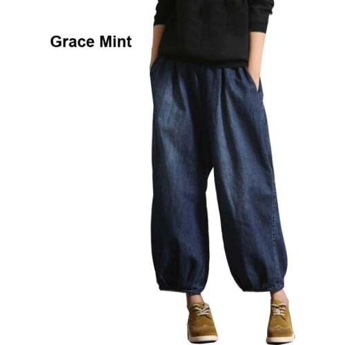 Spring New Loose Casual Jeans Elastic Waist Vintage Cotton Blue Jeans Wide Leg Jeans Bloomers Capris Women