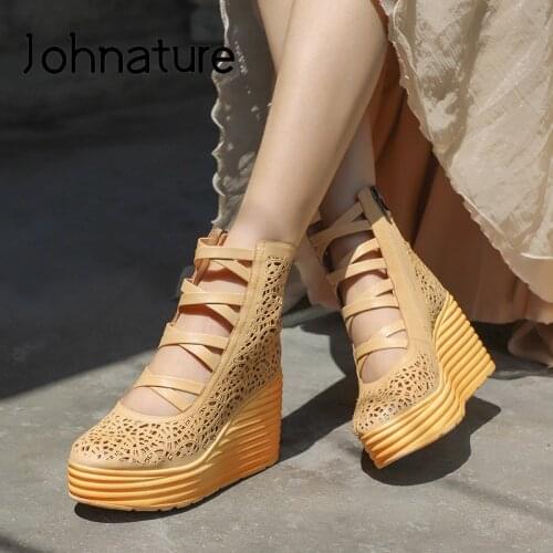 Johnature Genuine Leather Shoes Women Sandals Retro Wedges Zip 2021 New High Heels Summer Hollow Sewing Leisure Platform Sandals