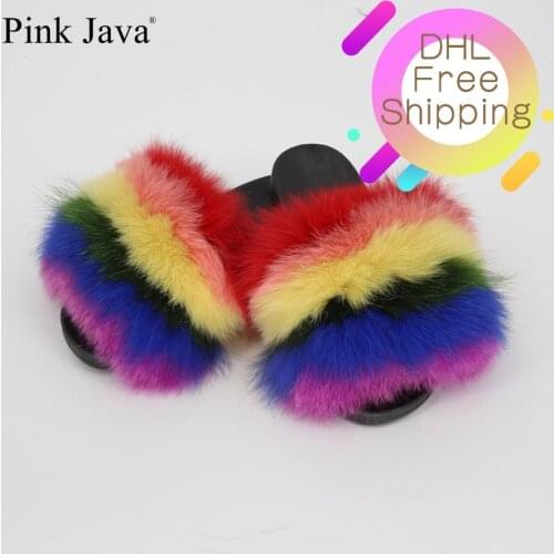 Pink java summer women shoes real fox fur slipper luxury indoor slides flats fluffy big fox sandals home slipper customized
