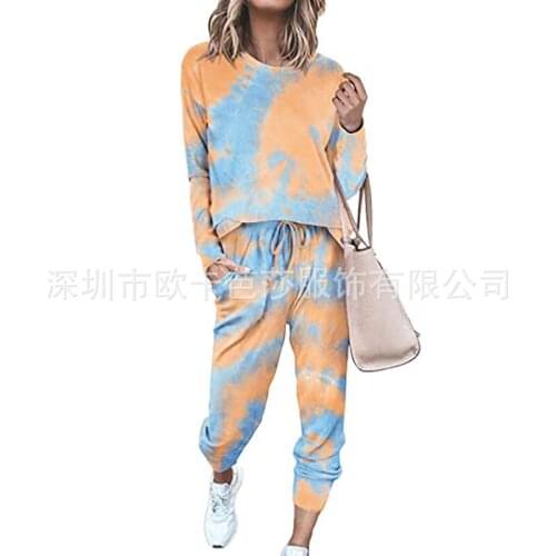 Women Elegant Tie-dye Print Pant Set for Women Warm Hoodie Sweatshirts Long Pant Autumn Fashion Two Piece Sets Casual Pant Sets