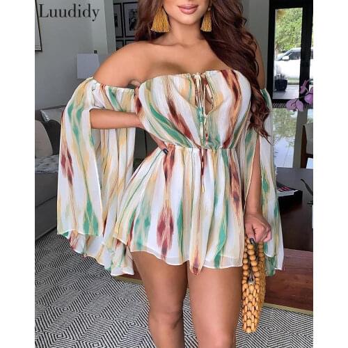 Women Sexy Floral Print Off Shoulder Slit Sleeve Romper