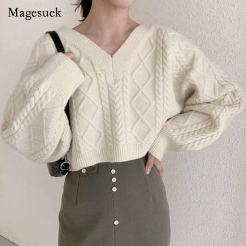 Autumn White Loose V-neck Women Pullover Sweater 2021 Long Sleeve Twist Short Winter Knitted Sweater Jumper Women Sweaters 11644