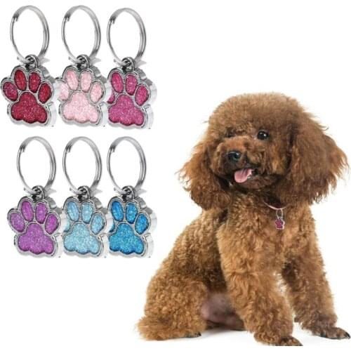 2021 Pet Collar Tag Shiny Glitter Paw Shape Pet Dog Cat ID Tag Keychain With Ring
