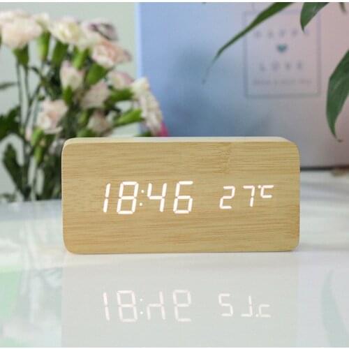 2021 Creative smart led wooden electronic alarm clock luminous mute temperature dual display alarm clock usb wood clock