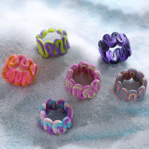 Bohemian Colorful Handmade Clay Soft Pottery Rings Geometric Irregular Hit Colorful Twist Wave Wide Ring For Women Girl Jewelry