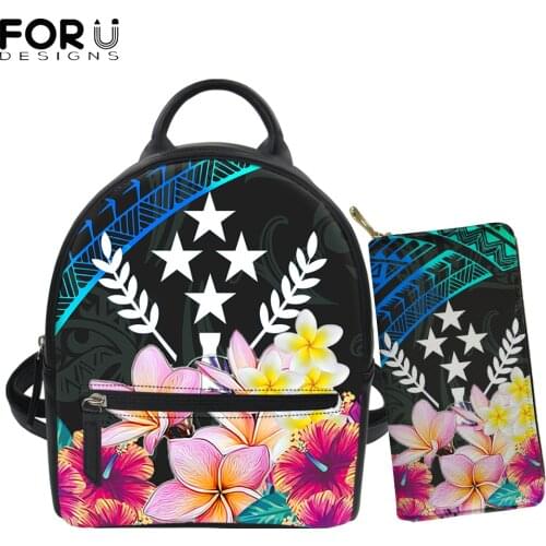 FORUDESIGNS Women Pu Backpack and Purse Kosrae Polynesian Tribal Hibiscus Printing Casual Shopper Bags Zipper Soft Handle Bolsa