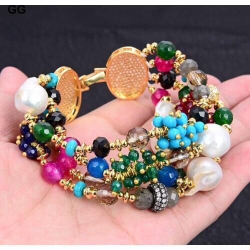 GuaiGuai Jewelry 8'' 4 Strands Cultured White Keshi Pearl Agate Jade Turquoise Cz Bracelet