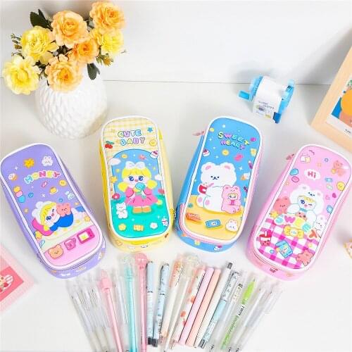Kawaii Pencil Case for Girls School Pencilcase Large Capacity Pen Box Big Stationery Penal Bag Cute Bear Cartridge Kit Supplies