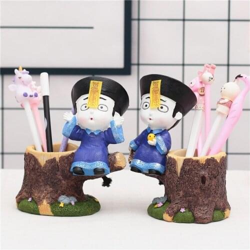 Creative Resin Crafts Cartoon Chinese Little Zombie Pen Holder Funny Desk Decoration Ornament Home Office Student Gifts