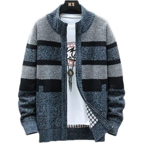 Fashion New Autumn and winter knitwear mens thick warm coat stripe zipper cardigan youth street sweatwear casual sweater coat