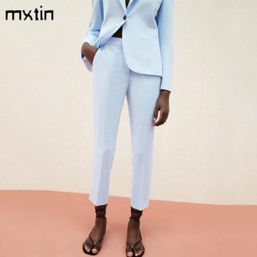 MXTIN 2021 Women Spring Fashion Blue Straight Pants Vintage Zipper Fly Pockets Side Office Lady Female Ankle Trousers Mujer