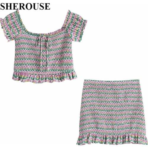 2021 New Women 2 Pieces Plaid Set Short Sleeve Square Neckline Copped Tops Mini Skirts Suit Female Fashion Casual Women Clothes