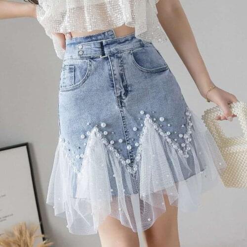 2021 Spring And Summer New European Heavy Industry Beaded Mesh Hem Cross High Waist Denim Skirt