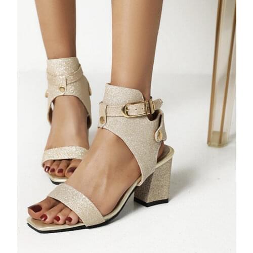 Ochanme Plus Size 48 47 Women High Heels Sparking Glitter Sandals Woman Metal Buckled Shiny Bling Bling Silver Gold Sandals Shoe