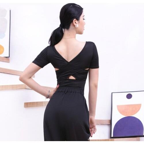 Latin Dance Clothes Female Adult New Style Back Cross Short-Sleeved Shirt Practice Clothes Samba Tango Latin Dance Wear DN9908