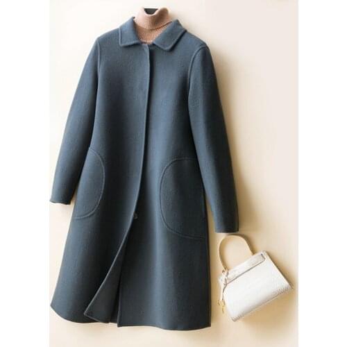2021 Autumn 100% Wool Coat Women Long Blue Elegant Coats Femlae Double-faced Woolen Jackets Korena Style Woman Clothes WPY4236