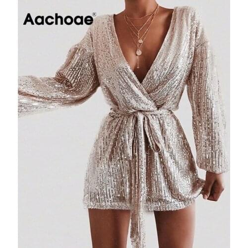 Aachoae Sequin Dress Women Sexy Club Dresses Silver Deep V neck Sashes Long Sleeve Bodycon Mini Dresses Vestidos de fiesta