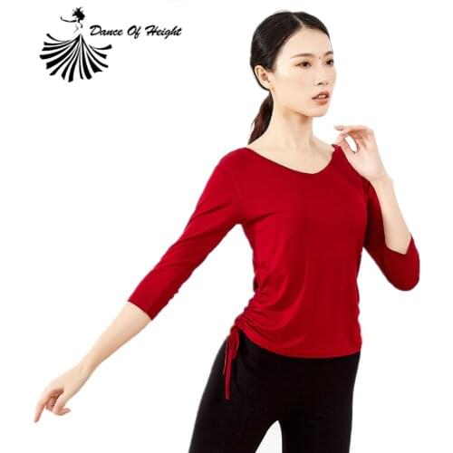 Plus Size Dance Clothes V/Round Neck Yoga Dres Two Side Lacing Half Sleeve Slim Practice Shirt Cotton Classical Dance Top Blouse