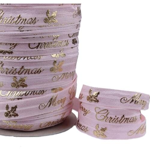 Merry Christmas foil printing pink fold over elastic ribbon