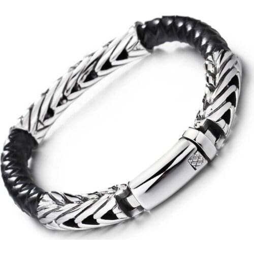 Granny Chic Unique Designer 316L Stainless Steel Bracelets & Bangles Mens Gift Black Leather Knitted Bracelet Men Jewelry