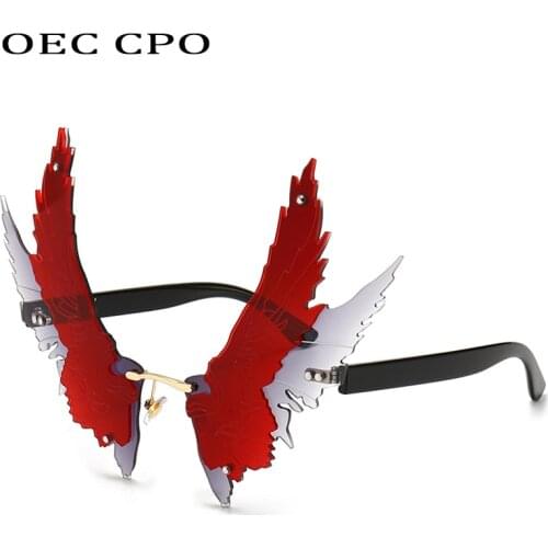 OEC CPO Unique Wing Rimless Sunglasses Women Fashion Big Frame Steampunk Sunglasses Female Frameless Colorful Party Glasses Men