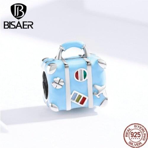 Travel Charms BISAER Hot Sale 925 Sterling Silver Travel Suitcase Box Beads Blue Charms fit Women Bracelets Jewelry ECC1377
