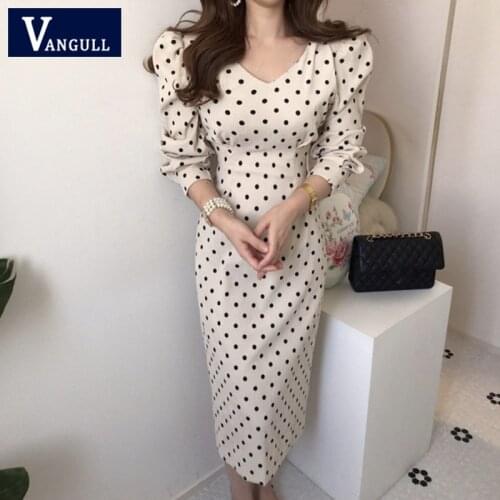 Vangull Women Casual Polka Dot Print Party Corduroy Dress Spring New V-neck Puff Sleeve Slim Lace-Up Bow Elegant Fashion Dresses