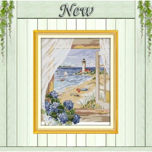 Sea view outside the window beach flowers Counted print on canvas DMC 14CT 11CT Cross Stitch Needlework kits Embroidery Sets DIY