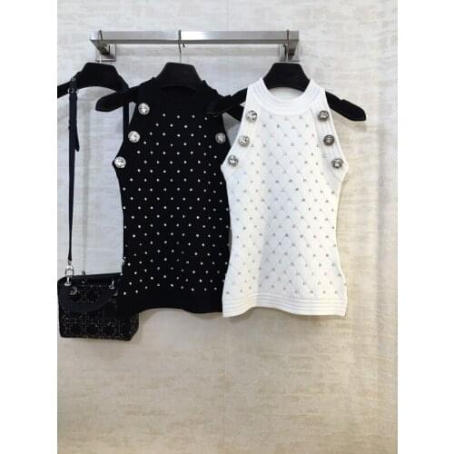 High End Quality 11.21 Fashion Heavy Industry Beading Sequin Diamond Crystal Decoration Tank Tops Women Slim Knit Camisole Vest