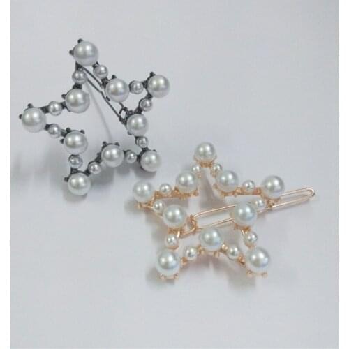 Fashion Ms Elegant Temperament Pearl Hair Clip Simple Pentagram Stars Triangle Geometry Pearl Hair Clip Girls Hair Clip