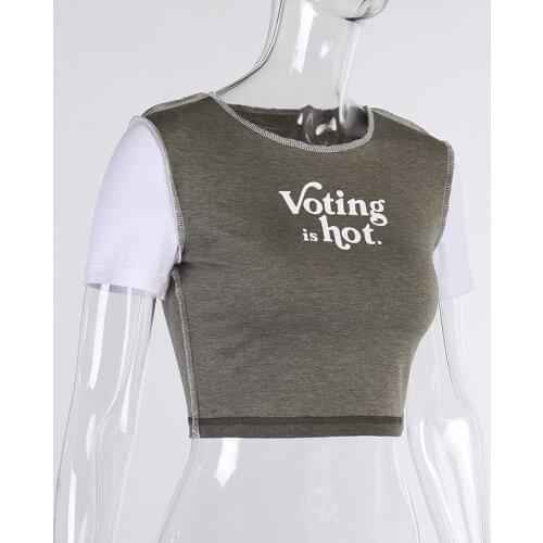 Sexy Womens T-Shirts O-Neck Short Sleeve Slim Crop Shirts Autumn Patchwork Letter Print Elegant Casual T Shirts Women