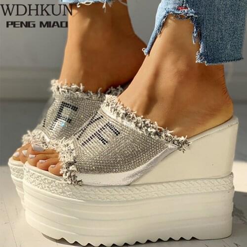WDHKUN Newest Drop Ship Crystals Wedges High Heels Leisure Summer Sandal Woman Shoes Women Platform Mules Slippers