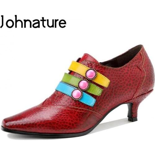 Johnature Pumps Women Shoes Mixed Colors Pointed Toe Retro Genuine Leather 2021 New High Heels Fashion Zip Handmade Ladies Shoes