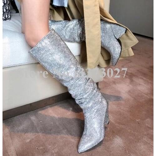 Brand Silver Crystal SPike Heel Knee Boots Pointed Toe Bling Rhinestone Woman Long Boots Fashion Runway Tall Boots Dropship