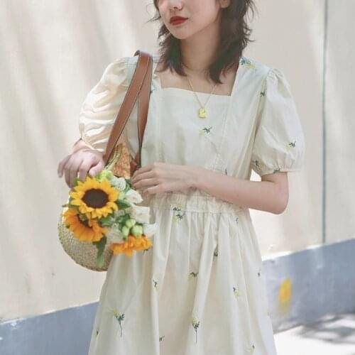 Bella Elegant Midi Dresses Summer 2021 Ladies Korean Chic Sweet Casual Dress Japanese Embroidery Short Sleeve Fairycore Dress