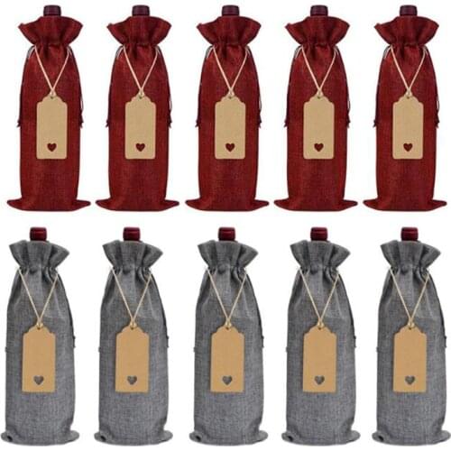 10 Pieces Burlap Wine Bags Jute Wine Bottle Bags with Drawstrings Reusable Wine Gift Bags with Tags for Party Blind Tasting Birt