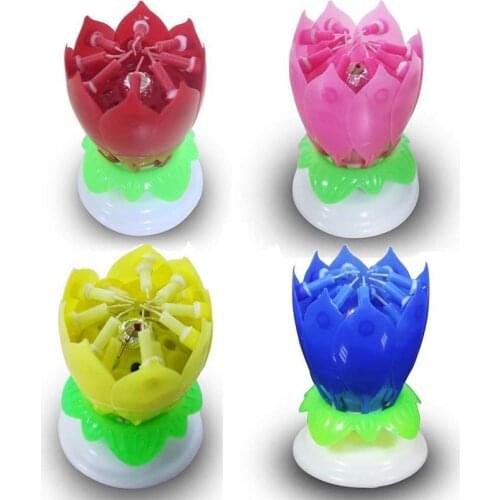 Free shipping 4Pcs/set the Amazing Two Layers with 14 Small Candles Lotus Happy Birthday Spin Singing Music Candle