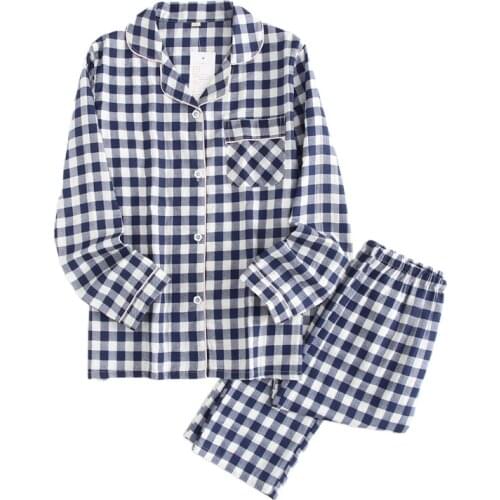 Pure Cotton Double Layer Gauze Parent-child Pajamas Suit Lapel Button Long-sleeved Trousers Plaid Printed Home Wear Pejama Women