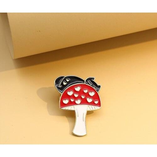 Hide and seek Enamel Pin Black cat and red mushroom Brooches Fun animal Lapel Pin Bag clothing Badge Gifts for children